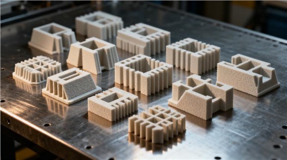 Close-up of an SLS 3D printer in action at Mastars facility, fusing nylon powder with a laser