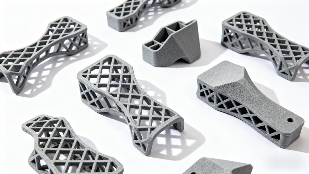 A collection of complex, strong SLS nylon parts manufactured by Mastars, showing intricate geometries